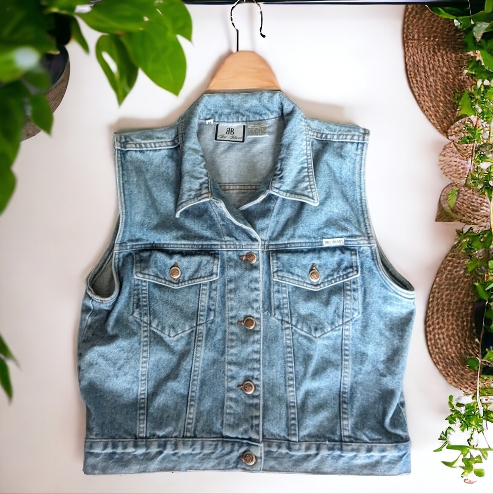 Vintage Bill Blass Denim Waistcoat Vest Sleeveless Biker Trucker Jacket Size M